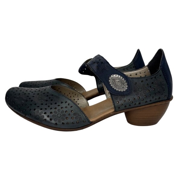 Rieker Antistress LaserCut Blue Leather Comfort Mary Jane Heels Velcro Strap Sz9 - Picture 8 of 11